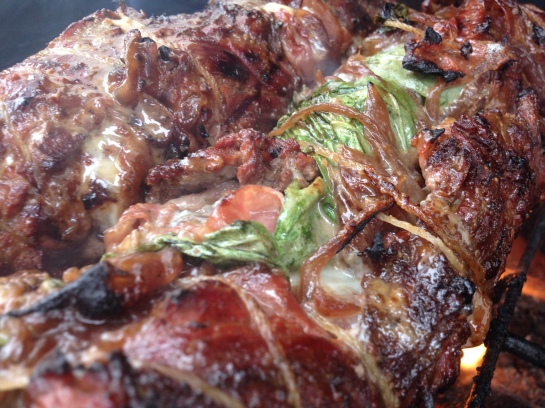 Olas & Chanclas | Marinated Flank Steak Stuffed with Balsamic Caramelized Onions, Blue Cheese, Prosciutto and Basil 